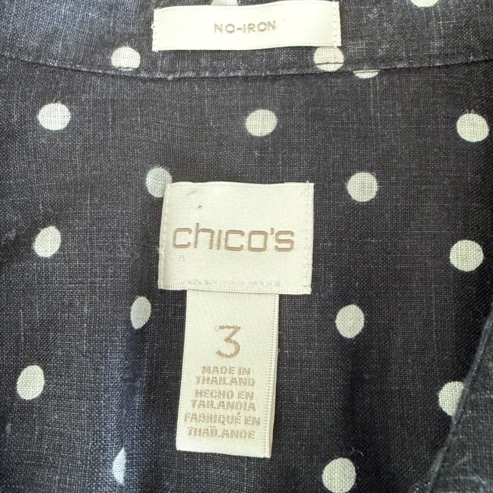 Chico's No-Iron 100% Linen Button Up Shirt Black White Polka Dot Tie Front 3 XL - Picture 8 of 12